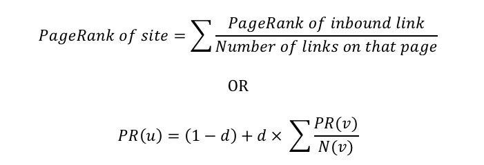 Immagine che mostra la formula matematica del PageRank, l'algoritmo utilizzato da Google per valutare l'importanza delle pagine web. La formula include variabili come il numero e la qualità dei link in entrata verso una pagina web, rappresentando la probabilità che un utente arrivi casualmente su quella pagina navigando sul web